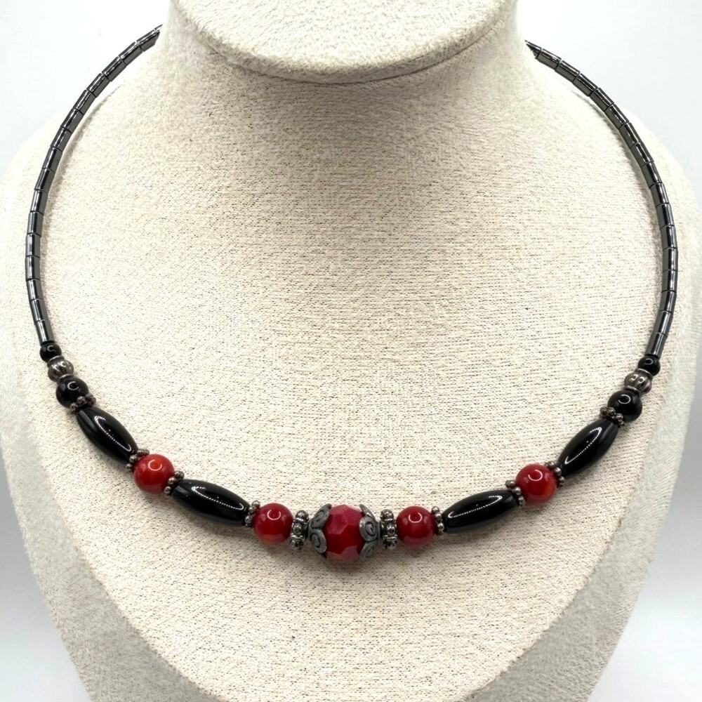 Black & Red Beaded Necklace w/ Rabbit Pendant – Whimsical Storybook Style